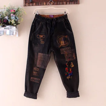 

National Wind Cartoon embroidery Patch Retro Girl Print Denim Jeans Female Casual Frayed Harem Pants Trousers For Spring Autumn