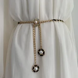 New Net Red Fashion Metal Petal Pendant Buckle Thin Ladies Waist Chain With Weave Leather Accessories Dress Suit Waist Waistband