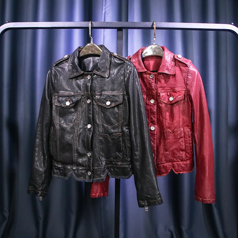 

New real 100% leather wear and tear mini leather jacket for girl short locomotive tanning classic denim sheepskin jacket