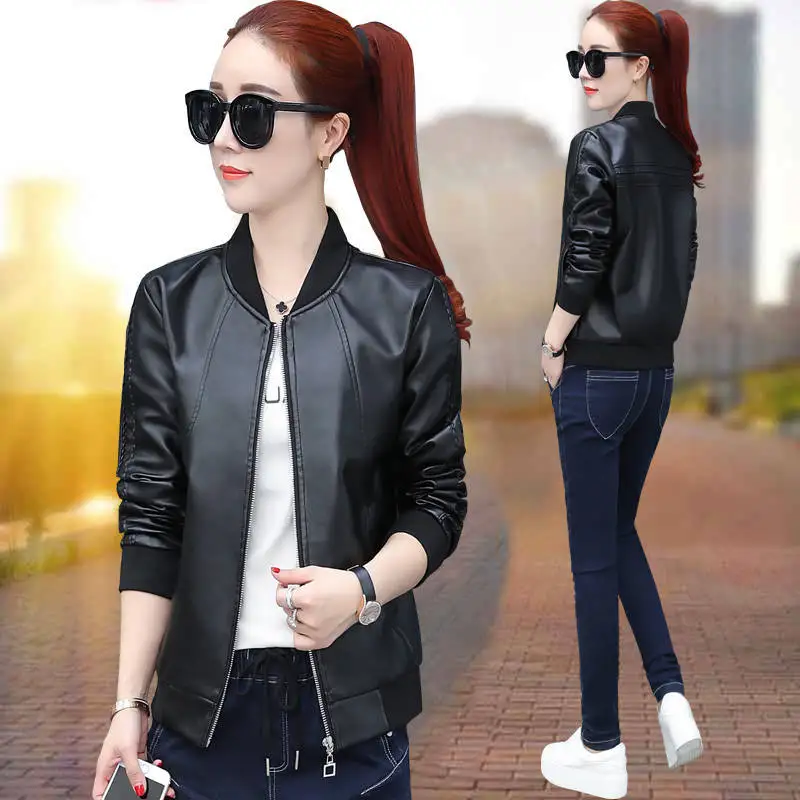 

2020 New Spring Autumn Faux Leather Jacket Women black plus size zipper short slim v neck casual PU women motorcycle jacket