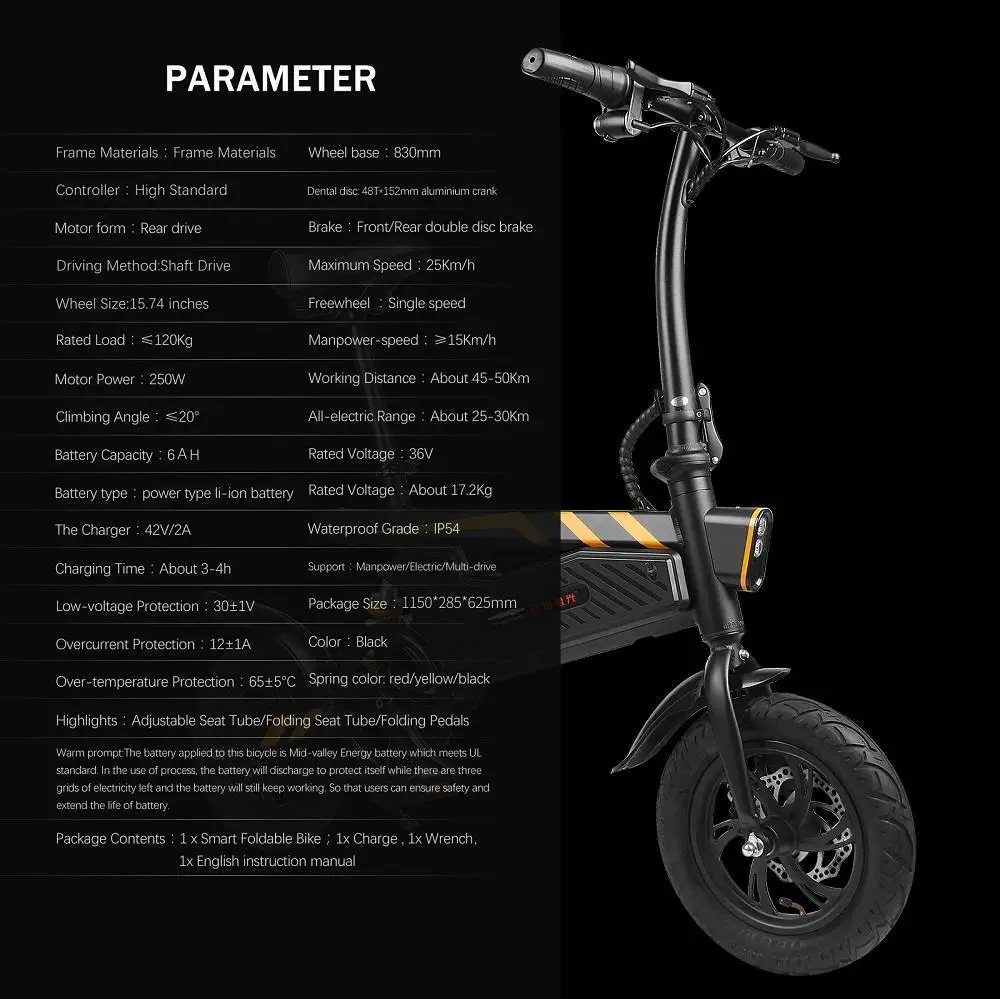 Perfect Portable Electric Scooter Folding 2 Wheels Electric Bicycle 15.74 Inch 250W 36V Max 25KM/H Adults Black Electric Bike Bicycle 19