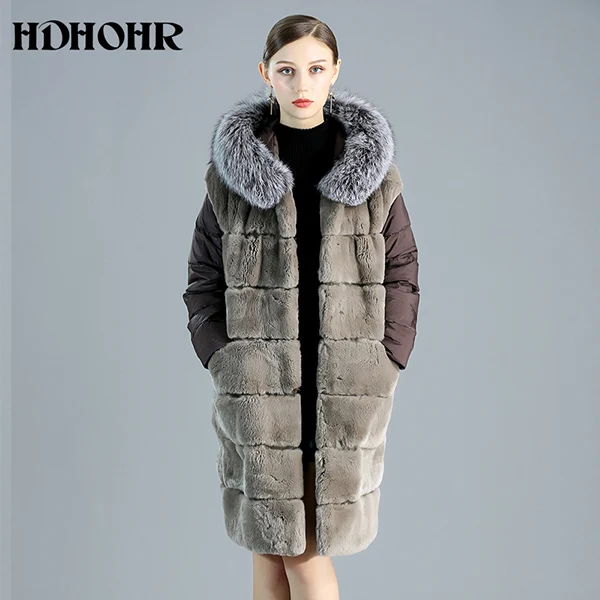 HDHOHR Высокое качество пальто из меха кролика рекса Для женщин куртка с большим капюшоном длинный теплый натуральный мех кролика рекс меховая куртка женская - Цвет: Шампанское
