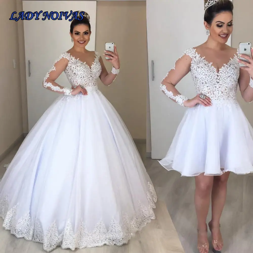 Vestido De Novia 2 в 1 свадебное платье с длинными рукавами Свадебные платья с аппликацией 2 EM 1 свадебное платье es пышный Тюль съемный шлейф