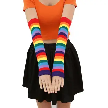 

Women Girl Knitted Over Elbow Long Arm Warmers US Flag Rainbow Stripes Patchwork Fingerless Gloves with Thumb Hole Party Costume