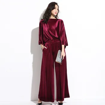 

Ellacey 2019 New Autumn Corduroy 2 Piece Set Women Batwing Sleeve Velvet Two Piece Set Ladies Loose Wide Leg Pants Suit Women