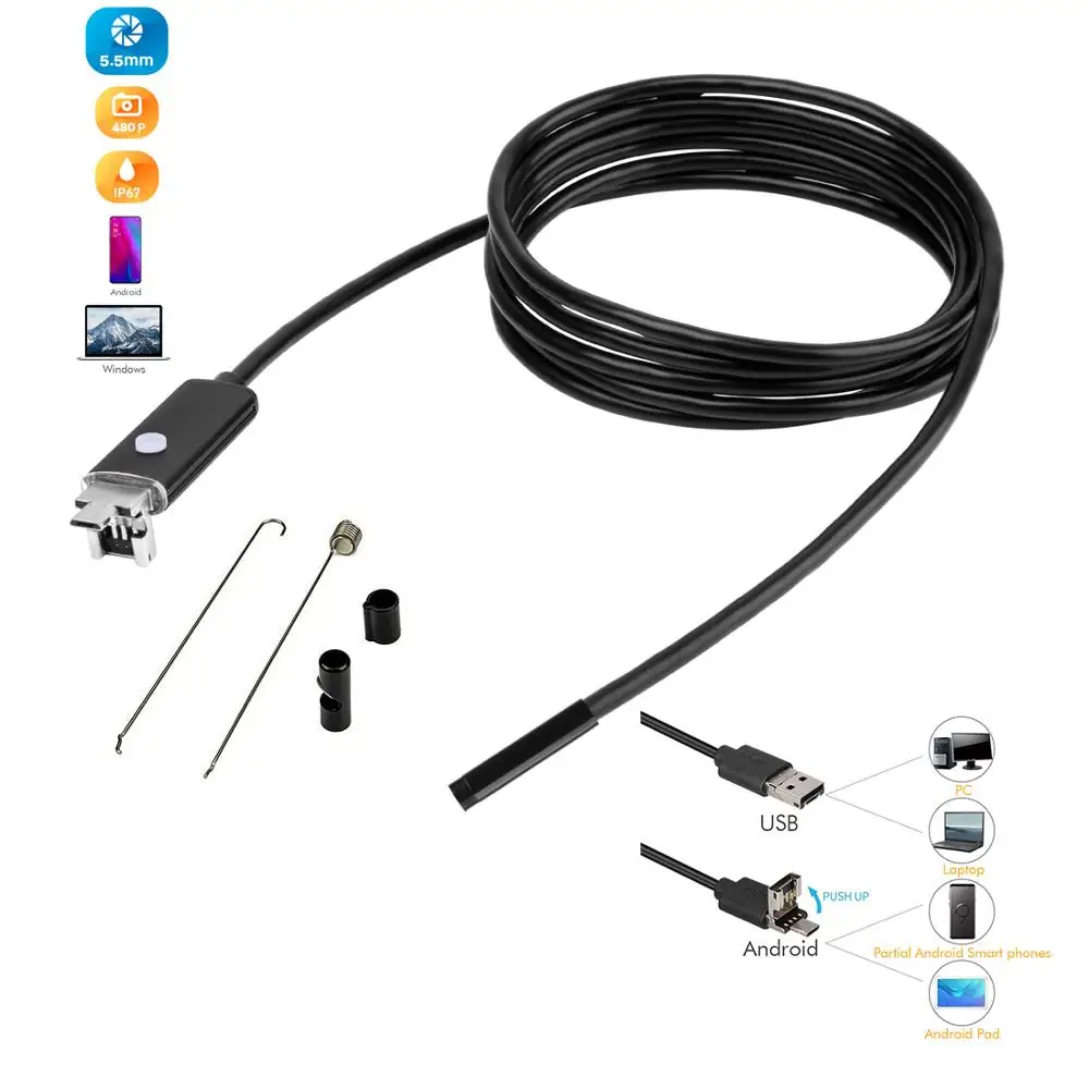 

1M/2M//5M/10M 2 in 1 5.5mm Mobile Endoscope 6LED High Definition IP67 Waterproof for MackBook Android Windows 5Pin USB Borescope