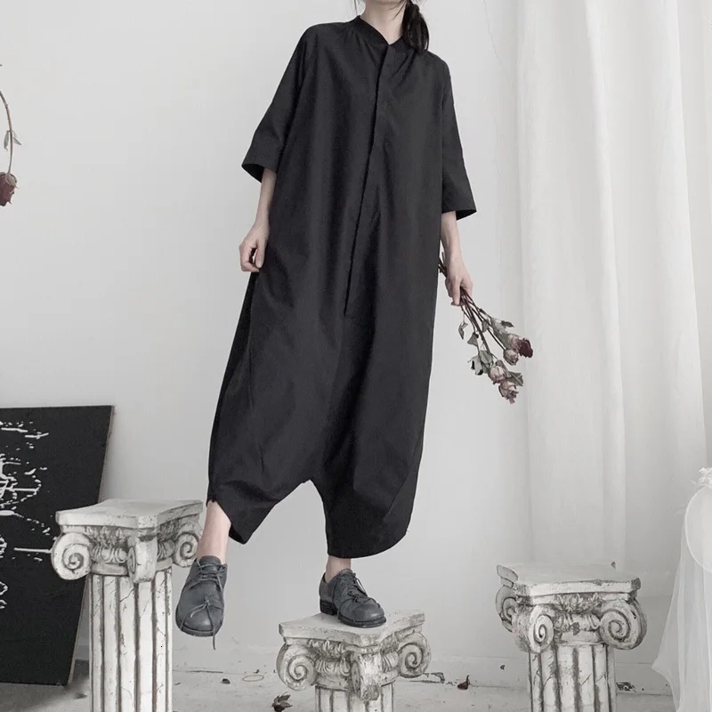 [EAM] Loose Fit Women Black Long Wide Leg Jumpsuit New High Waist Pocket Stitch Pants Fashion Tide Spring Autumn 2020 19A-a632