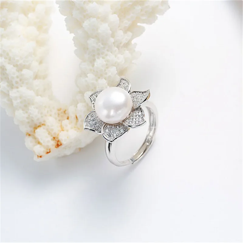 Dainashi Gorgeous 925 Sterling Silver Flower Zircon Crystal Adjustable Ring Luxury Genuine Freshwater Cultured Pearl Ring