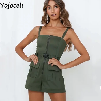 

Yojoceli Elegant pockets sleeveless jumpsuit romper women Summer casual beach zipper playsuit Short cool sexy overalls female