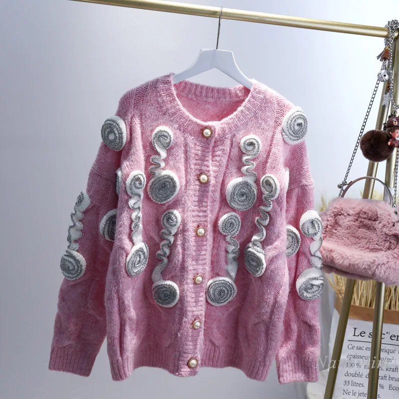 

Three-Dimensional Flower Cardigan Women Single-Breasted 2020 Autumn and Winter New Beaded Short Loose Knitted Sweater Coat