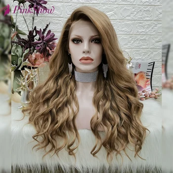 

PINKSHOW 13x6 Lace Front Wig Brown Wigs For Women Wavy Synthetic Lace Front Wig Heat Resistant Fiber Glueless Natural Hailine