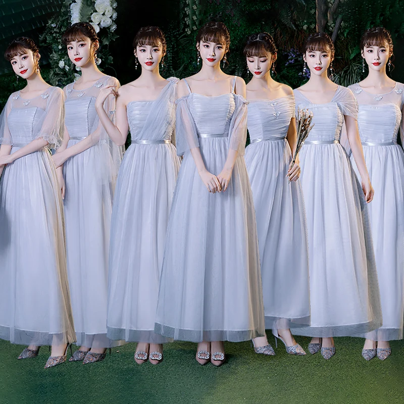 Summer Elegant Fashion A-Line Ankle-Length Regular Simple Champagne Gray Ping Belt Woman Prom Graduation Party Long Dress 9845 |