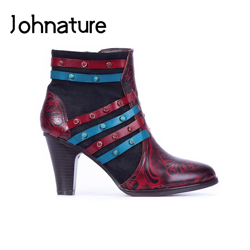 

Johnature Platform Boots Pointed Toe Genuine Leather Women Shoes 2019 New Winter Mixed Colors Zip Sewing Handmade Ankle Boots