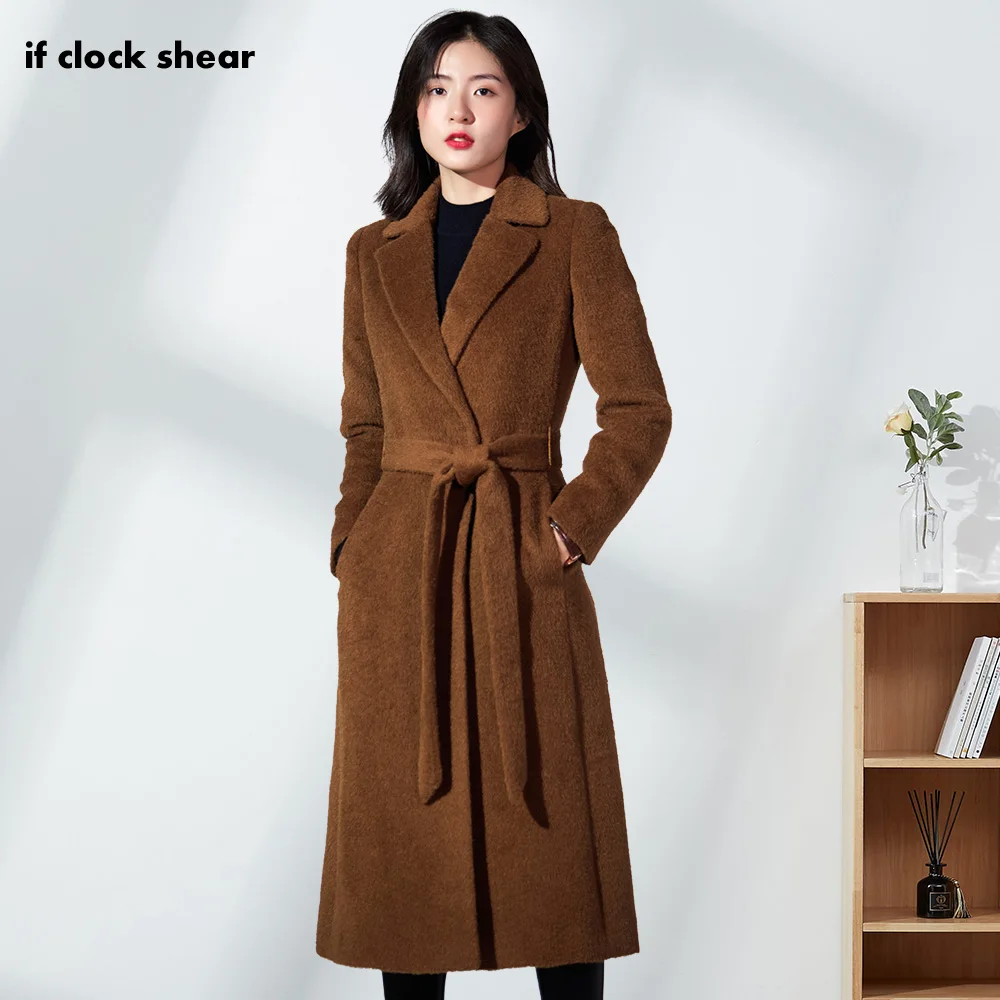 

high-end quaity alpaca cashmere coats wool women jacket with belt Adjustable Waist designer chic camel thick warm long overcoat