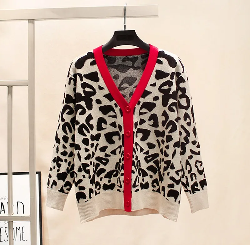 GIGOGOU, толстый Леопардовый женский кардиган, свитер с v-образным вырезом, вязаный однобортный вязаный кардиган, верхняя одежда, жаккардовый зимний жакет, пальто - Цвет: Red