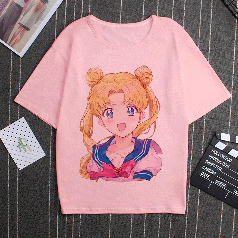 Sailor Moon 90s Funny Pink T Shirt Harajuku Clothes Tshirt Aesthetic Cat Anime Vogue T-shirt Kawaii Graphic Tees Ullzang Women