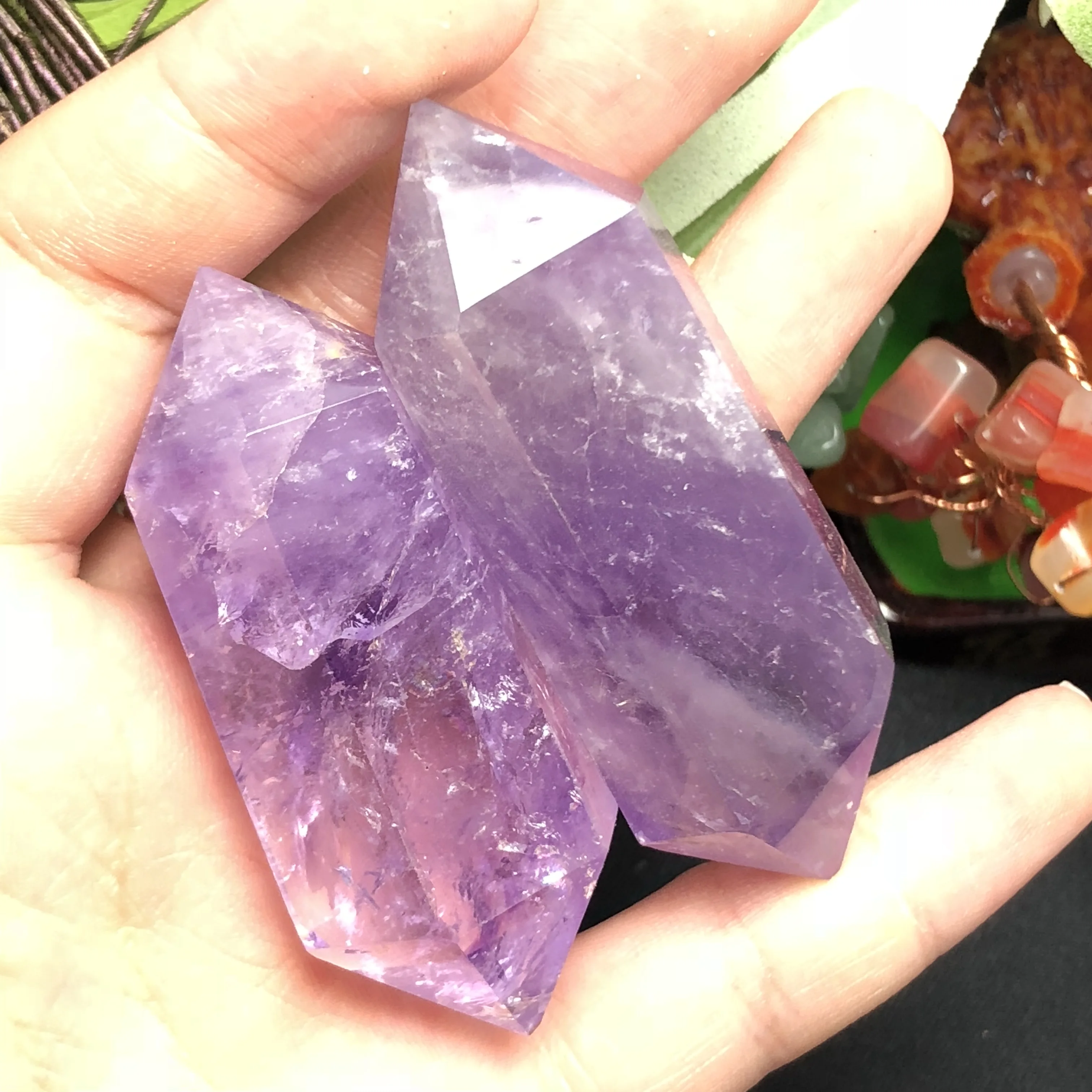 

2Pcs Natural amethyst double - pointed pillars, beautiful arts and crafts home decoration