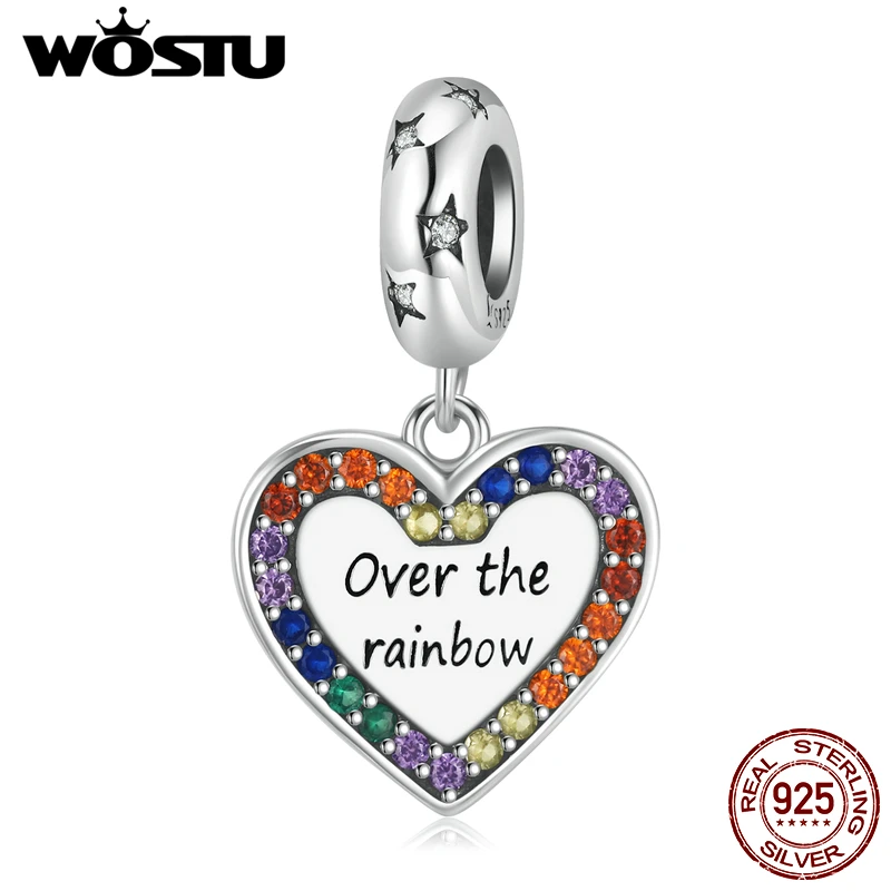 

WOSTU S925 Sterling Silver Bead Rainbow Love Pendant Charm Cubic Zirconia DIY for Bracelet Necklace Valentine's Day Mother Gift