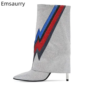

Bling Silver Sequins Mid-calf Boots Women Point Toe Stiletto Heels Colorful Flash Pattern Turn-up Runway Botas Mujer