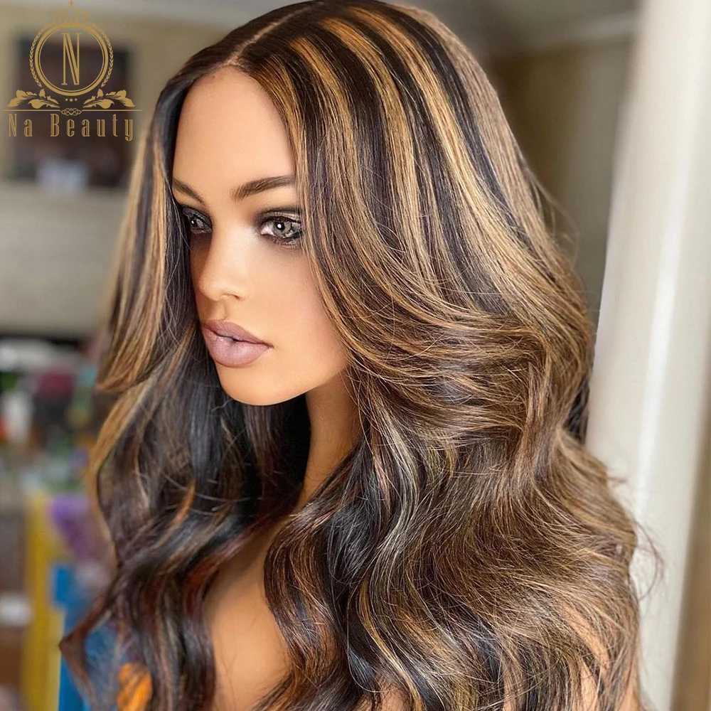 Brown Highlight Wig For Women Human Hair Body Wave Transparent Lace Front Wig Bleached Knots Ombre Wig For Black Women Remy 180