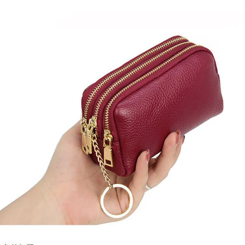 Genuine Leather Women Card Coin Key Holder Change Pouch Purse Mini Pocket Zipper Popular Small Money Bag Wallet High-capacity - Цвет: rose purple