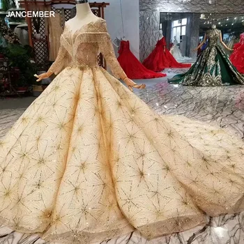 شراءLS11218 الذهبي الدانتيل ثوب زفاف س الرقبة طويلة الأكمام سباركلي فساتين الزفاف الفاخرة الشمبانيا لامعة الزفاف حزب اللباس 2019
