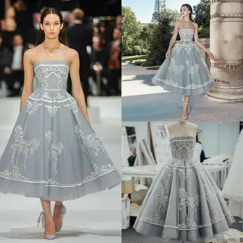 

Short Embroidery Prom Dresses 2020 Strapless Lace Tea Length Party Gowns Plus Size Formal Evening dress robe de soiree