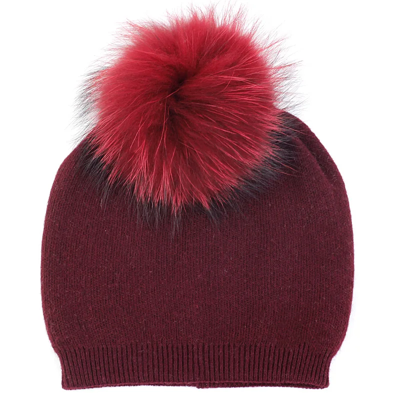 wine red B Geebro/эластичные осенние кашемировые женские мужские шапки, одноцветная шапка с помпоном, теплая мягкая зимняя шапка унисекс с черепом и помпоном из натурального меха - Color: wine red B