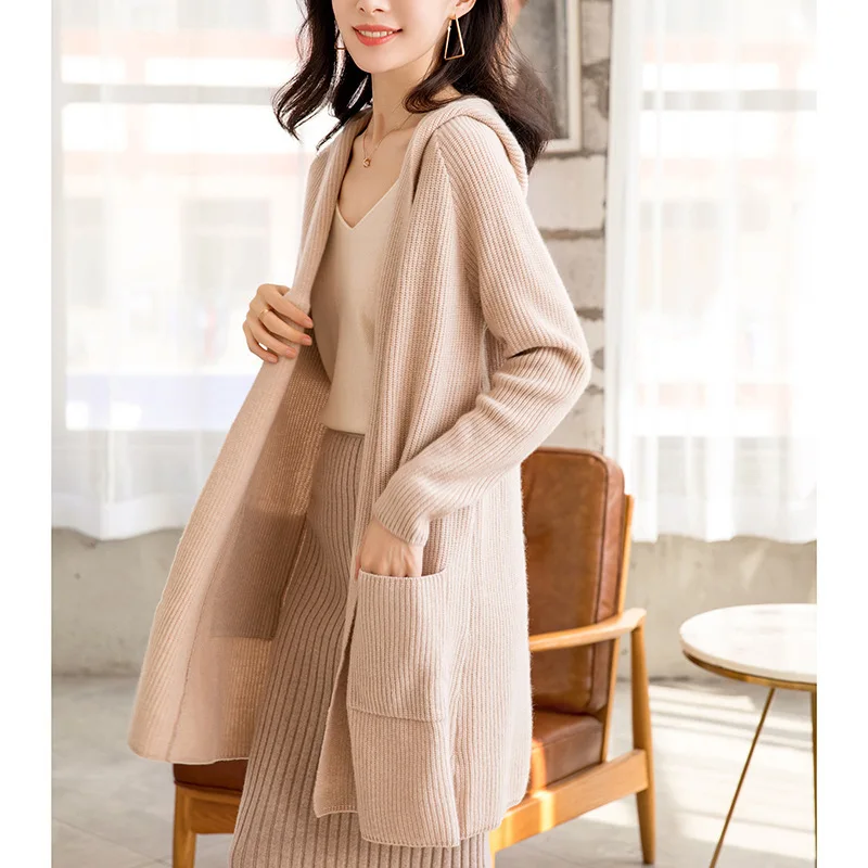 women's beige hooded cardigan cashmere sweaters long sleeve plus size loose Female knitwear high qu