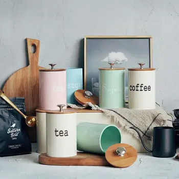 

Multifunction Color Tea Coffee Sugar Cans Square Box Case Tanks Steel Kitchen Utensils Creative Wood Covered Storage