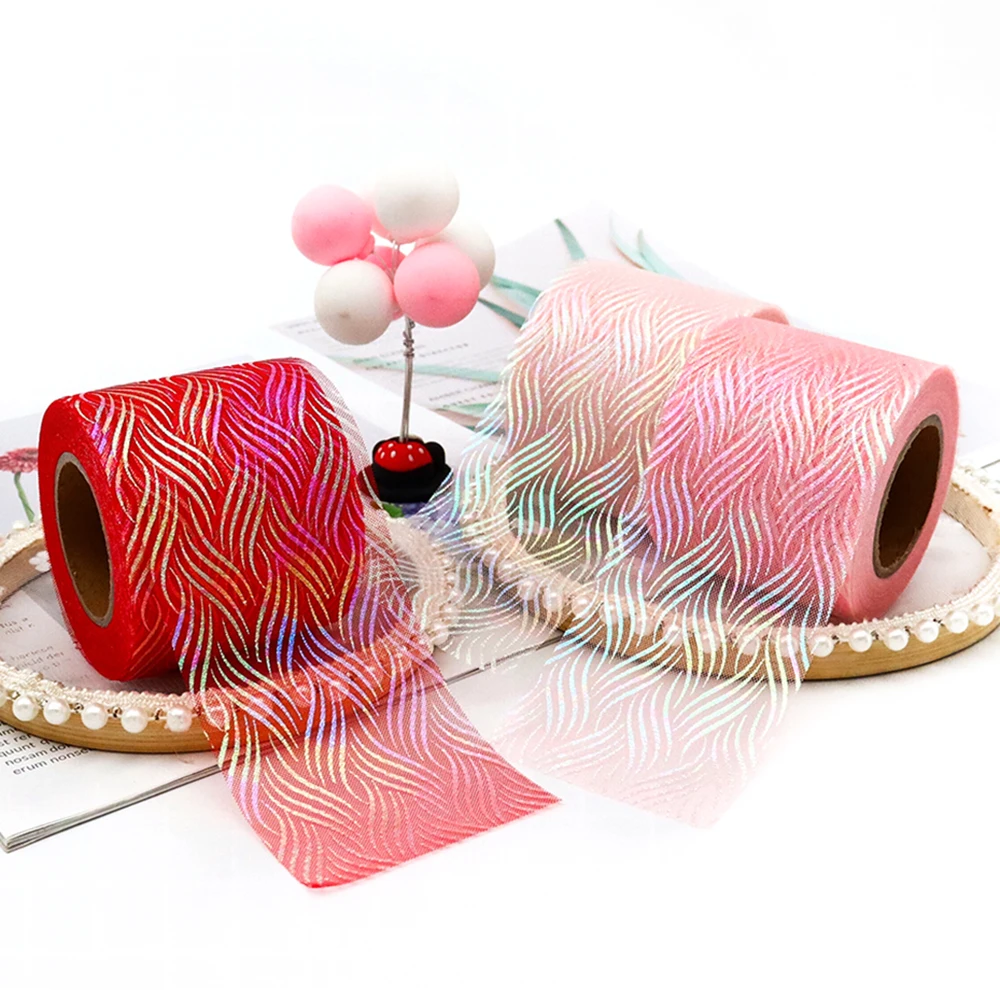 6cm 25Yards Illusory Organza Tulle Ribbon Water Wave Patern Mesh Tape Iridescent Color Fabric DIY Handmade Hairclips Bowknot ribbon decoration ribbon supplies organza ribbon fabric craft supplies