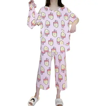 

MISSKY Women Summer Pajama Suit Short Sleeve Tops Seventh Pants Ice Cream Loose Homewear + Cloth Bag Female Sleepwear