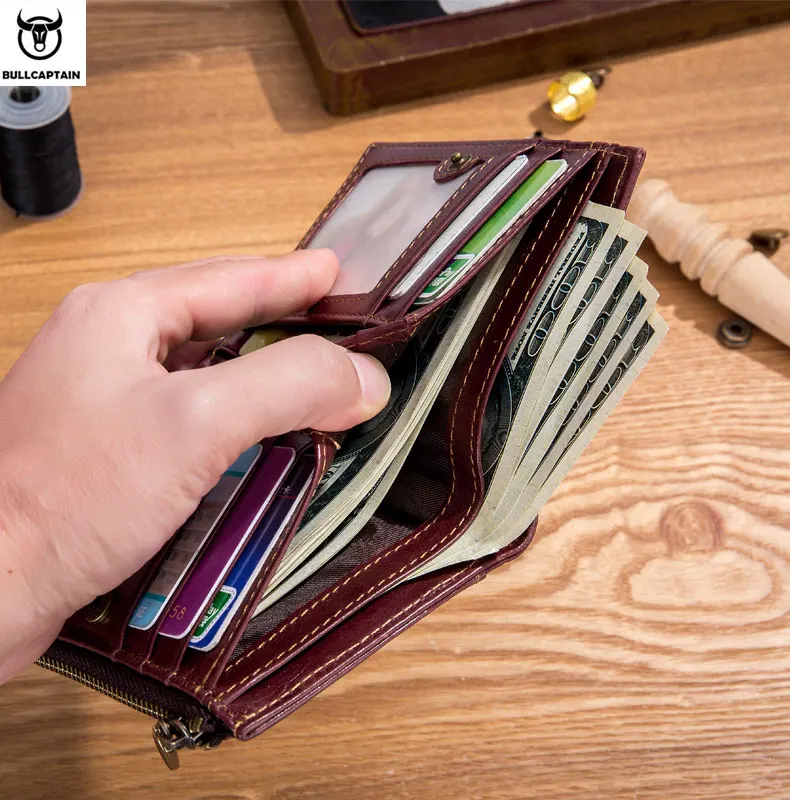 BULLCAPTAIN кожаный мужской кошелек RFID, мужской кошелек, 3 сложения, короткий кошелек, держатель для кредитных карт, деловая ручная работа для мужчин