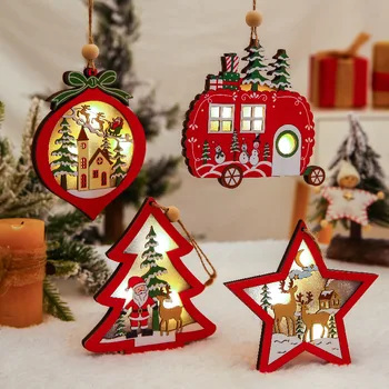 

Christmas Ornaments Wooden Hanging Pendant LED Light Santa Claus Christmas Decorations For Home Tree Decor Kids Gift Wood Crafts