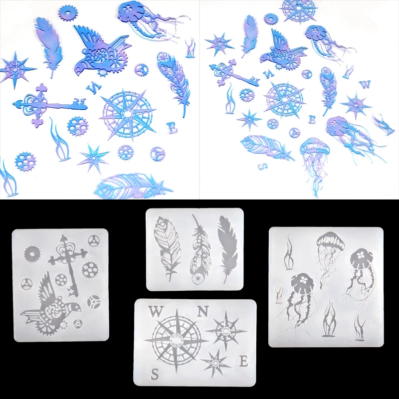 4 Types Punk Style Resin Molds Jellyfish Gear-bird Compass Feather Epoxy Silicone Tools