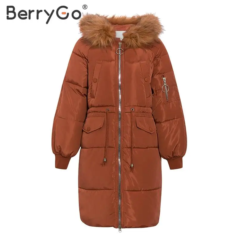 BerryGo, повседневные длинные женские парки с карманами, на молнии, на шнуровке, женская верхняя одежда, зимние теплые куртки с меховым воротником и капюшоном, женское Стеганое пальто