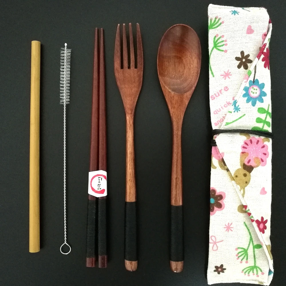 New Portable Reusable Spoon Fork Chopsticks Bamboo Wooden Travel Tableware Set 