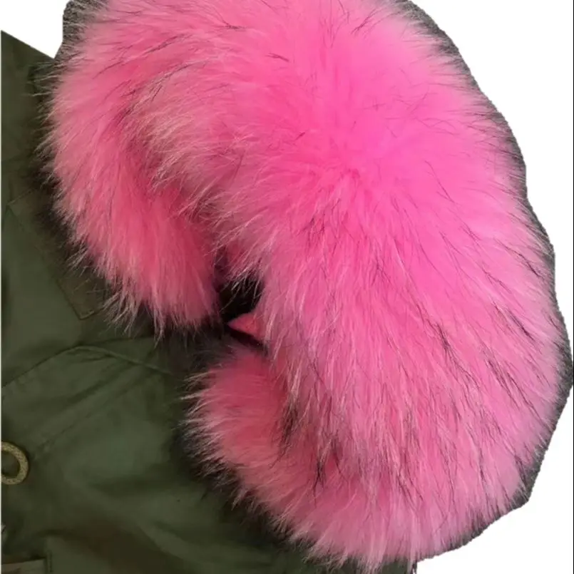 Parka forrada de pelo rosa para niños, abrigo corto verde militar para  niñas, abrigo de invierno con cuello de Rosa grande de pelo rosa -  AliExpress