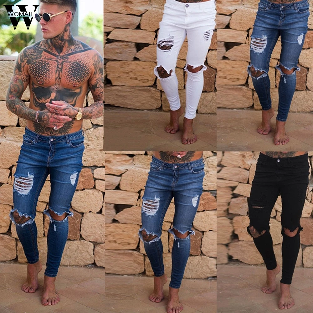 Pant Men Slim Fit Holes Denim Jeans Pant Scratched Motorcycle Vintage hiphop Work Trousers 2019 new streetwear skinny Pant P920