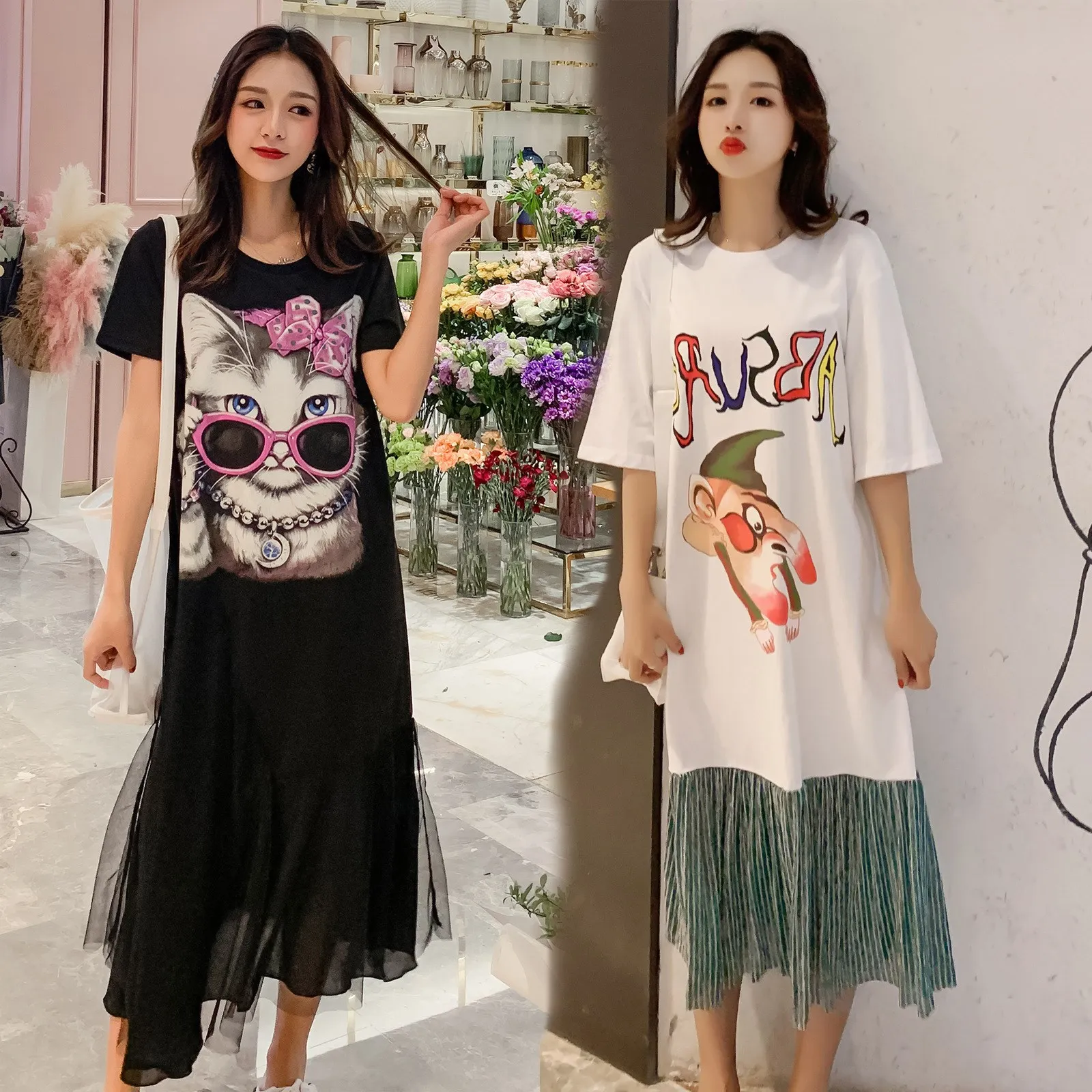 

Pregnant Women 2019 Summer Wear Western Style Maternity Clothes Summer Tops Loose-Fit Mock Two-Piece over-the-Knee Dress T-shirt