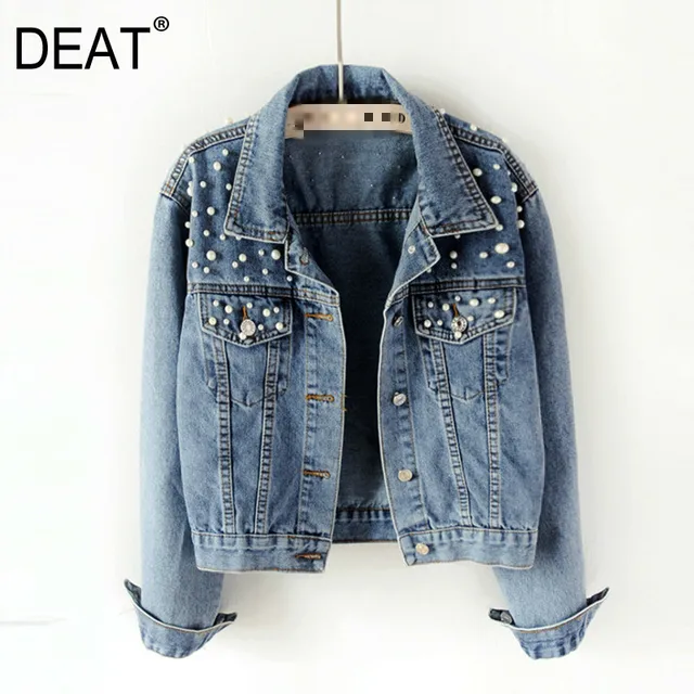 DEAT Fast Delivery New Autumn Fashion Women’s Denim Jacket Full Sleeve Loose Button Pearls Short Lapel Wild Casual 2022 AP446 1
