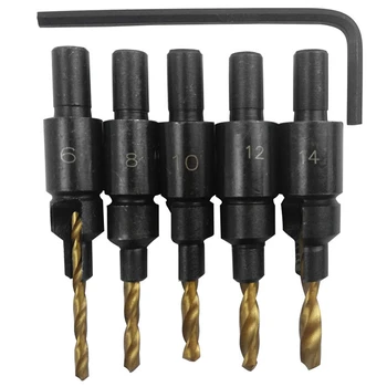 

5pcs HSS Countersink Drill Bits Set 1/4" Round Shank Hole Cutters #6 #8 #10 #12 #14 Countersink Drill Bits Set Woodworking Kit