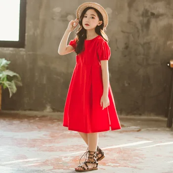 

2020 Summer New Korean-style Girls Dresses Cute Lantern Sleeve Baby Girls Dresses Kids Retro Brief Dresses for Teen Girls, #8530