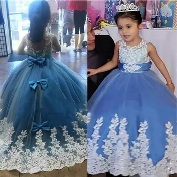 

Light Blue Flower Girl Dresses Appliques Ball Gown Big Bowknot Back Jewel Round Collar Long Birthday Party Girls Wear
