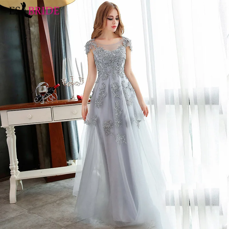 

Grey O-neck Long Evening Gowns 2019 New Arrival Elegant A-Line Casual Lace Dress Party Formal with Sleeve Robe De Soiree ES2677