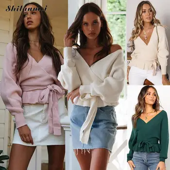 

V Neck Backless Sexy Women Sweater Autumn Winter Sashes Lace Up Knitted Pullover Long Sleeve Slim Fashion Streetwear Jumper Tops