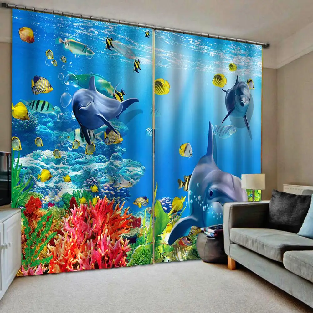 Photo customize size Underwater World Ocean Animals Fish Dolphin Bathroom Curtain Blackout curtains Fabric | Дом и сад