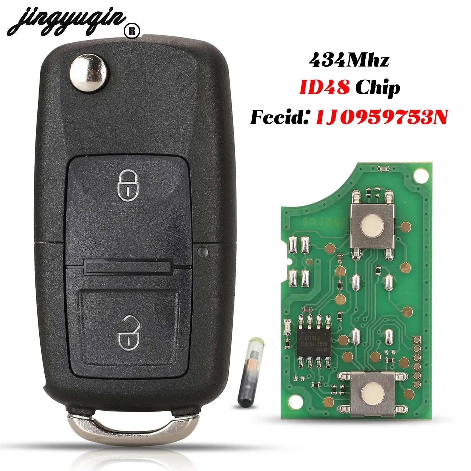 

jingyuqin 2 Buttons For VW Golf Mk6 Jetta Polo Scirocco Skoda Octavia Seat Altea FOB 434MHz ID48 Chip 1J0959753N Remote Car Key