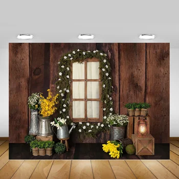

Spring Retro Wooden Floor Photo Background Green Wreath Colorful Flowers Newborn Backdrop Baby Portrait Photography Photobooth