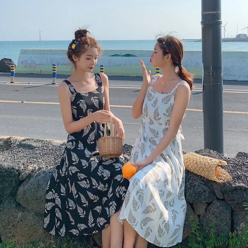 

Photo Shoot CHIC Normcore Style Chiffon Printed Mid-length Camisole Back Scheming Backless Lace-up Big Hemline Dress Women's